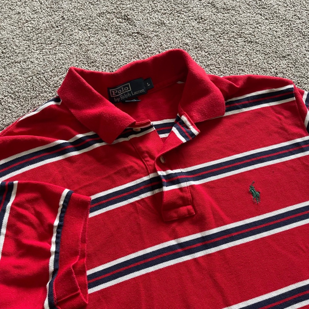 Mens Polo Ralph Lauren Shirt L Red Striped Excellent Short Sleeve Pony Logo